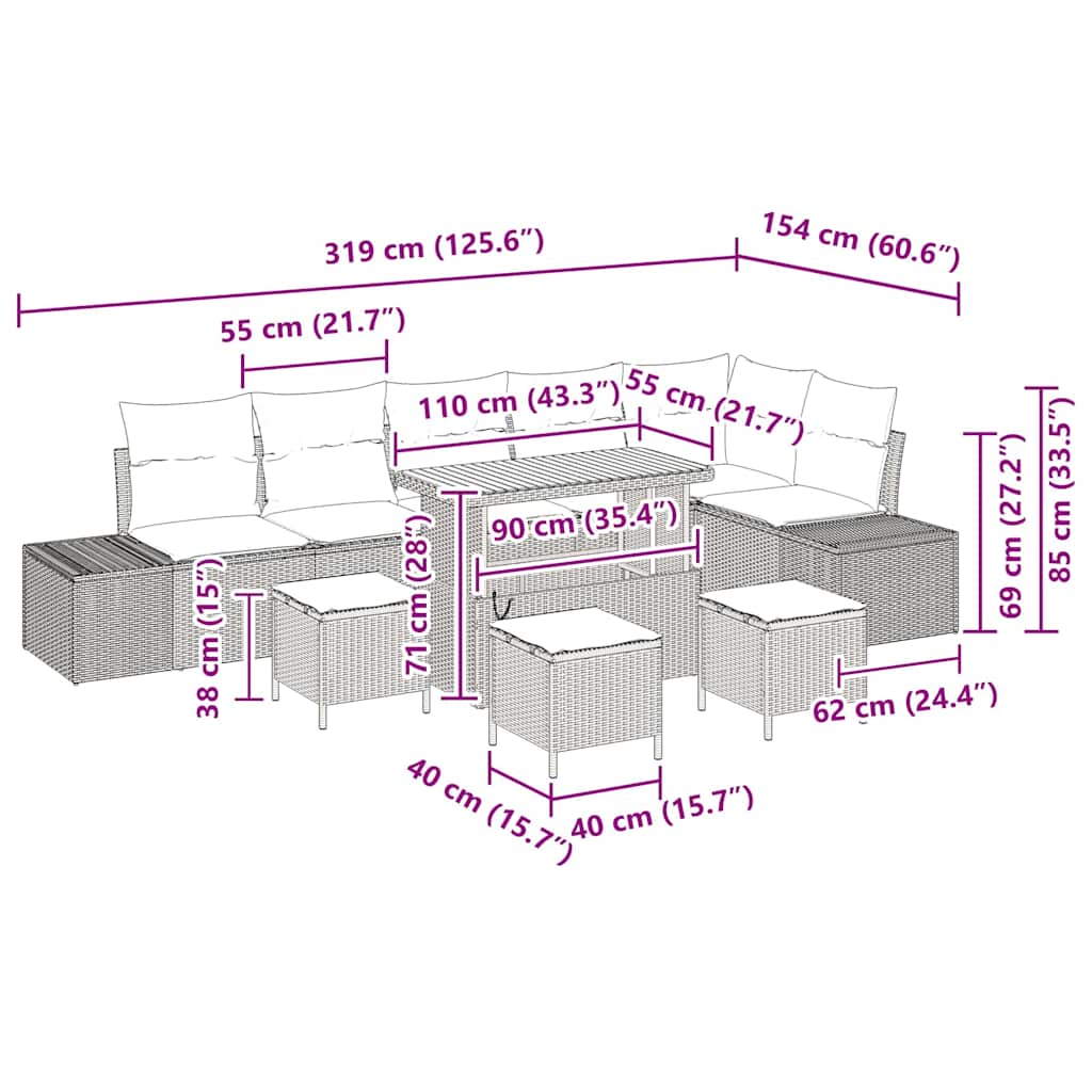 Garden Sofa Set with Cushion 10 pcs Black Poly Rattan