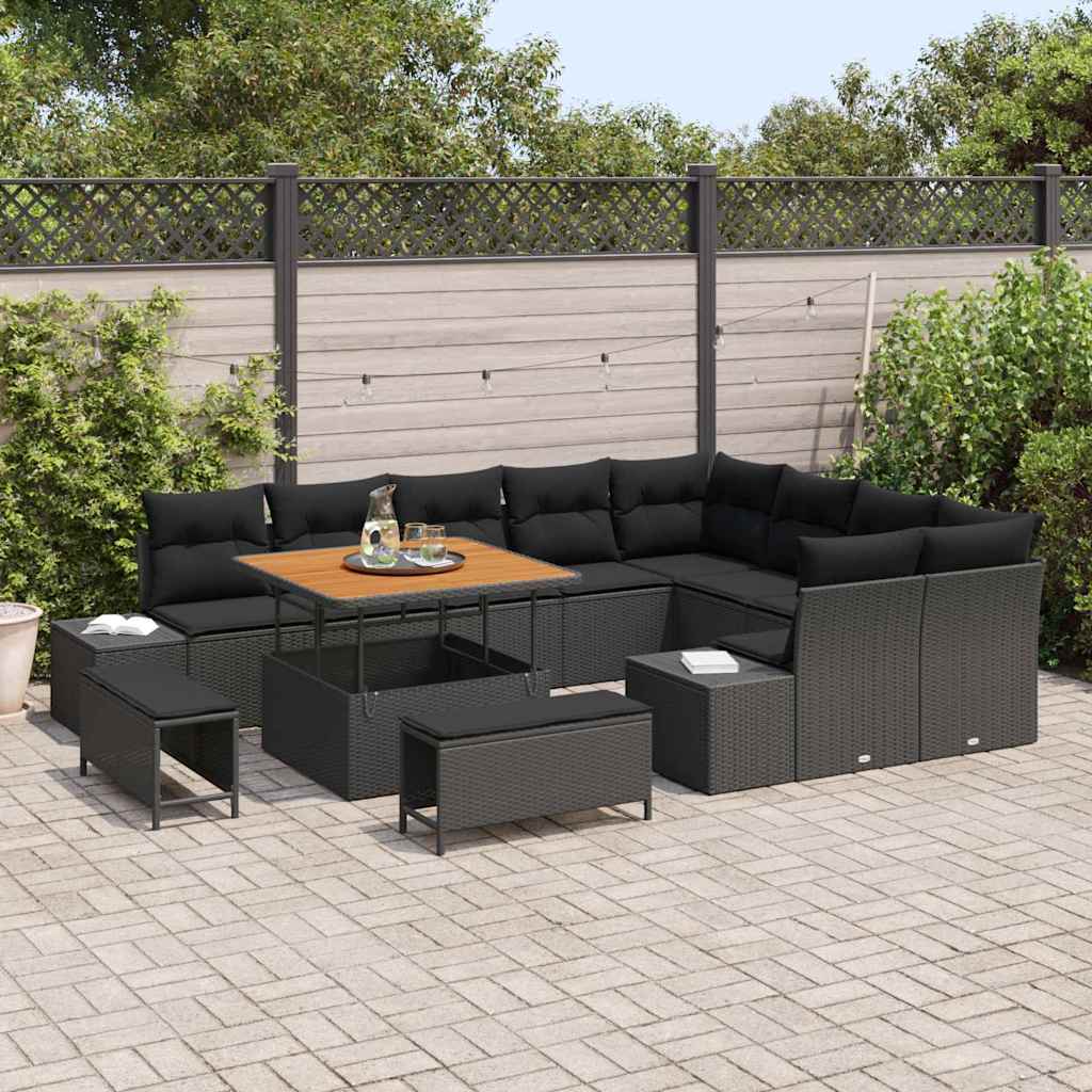 Garden Sofa Set with Cushion 12 pcs Black Poly Rattan