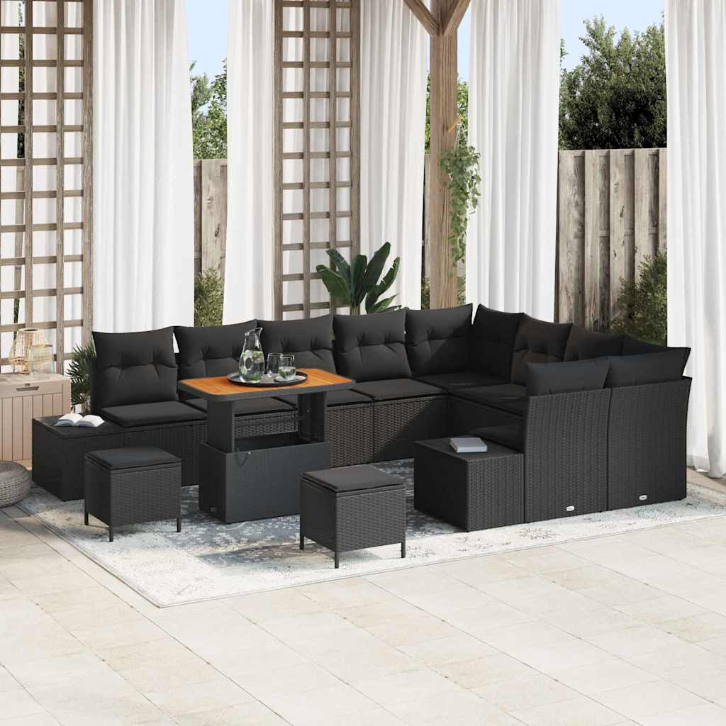 Garden Sofa Set with Cushion 12 pcs Black Poly Rattan
