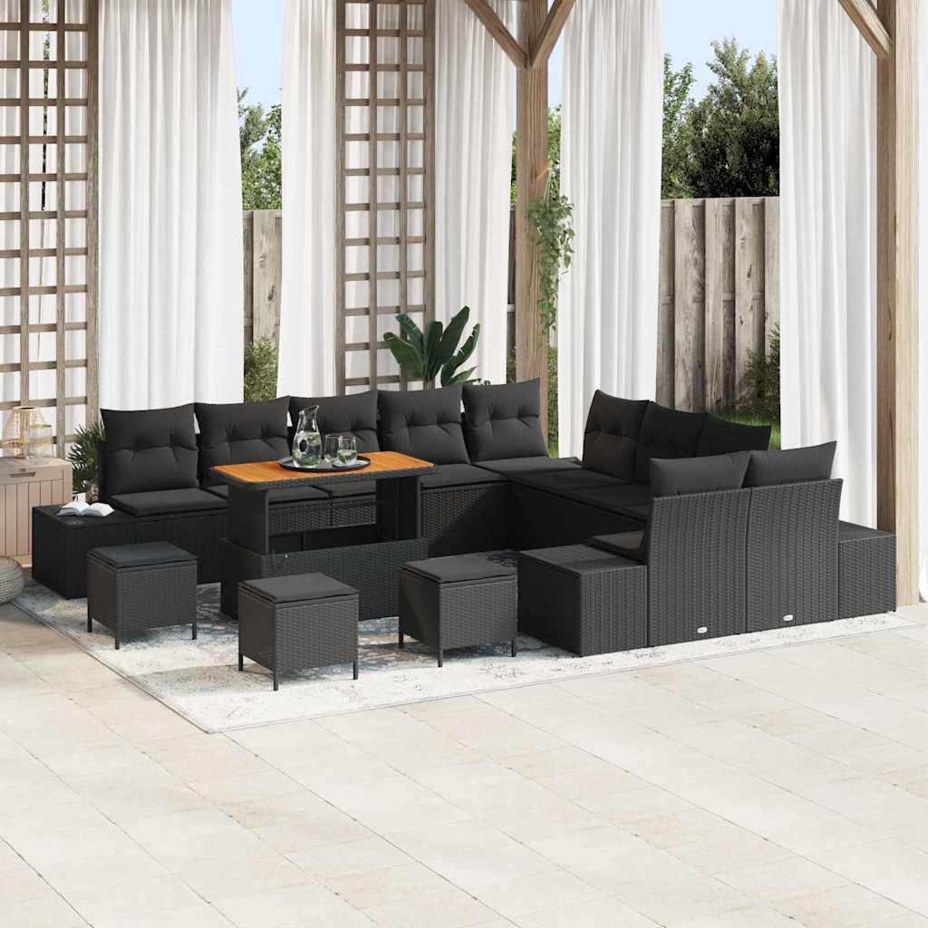 Garden Sofa Set with Cushion 14 pcs Black Poly Rattan