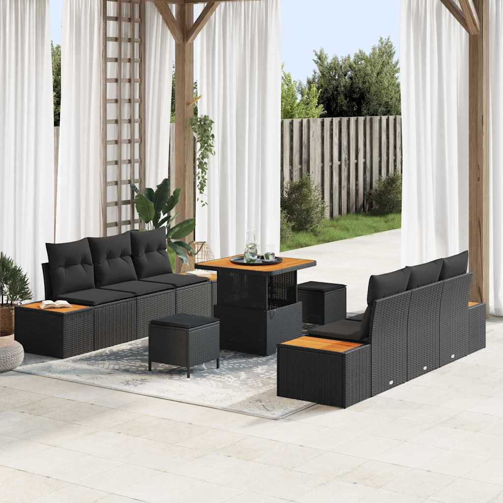 Garden Sofa Set with Cushion 9 pcs Black Poly rattan