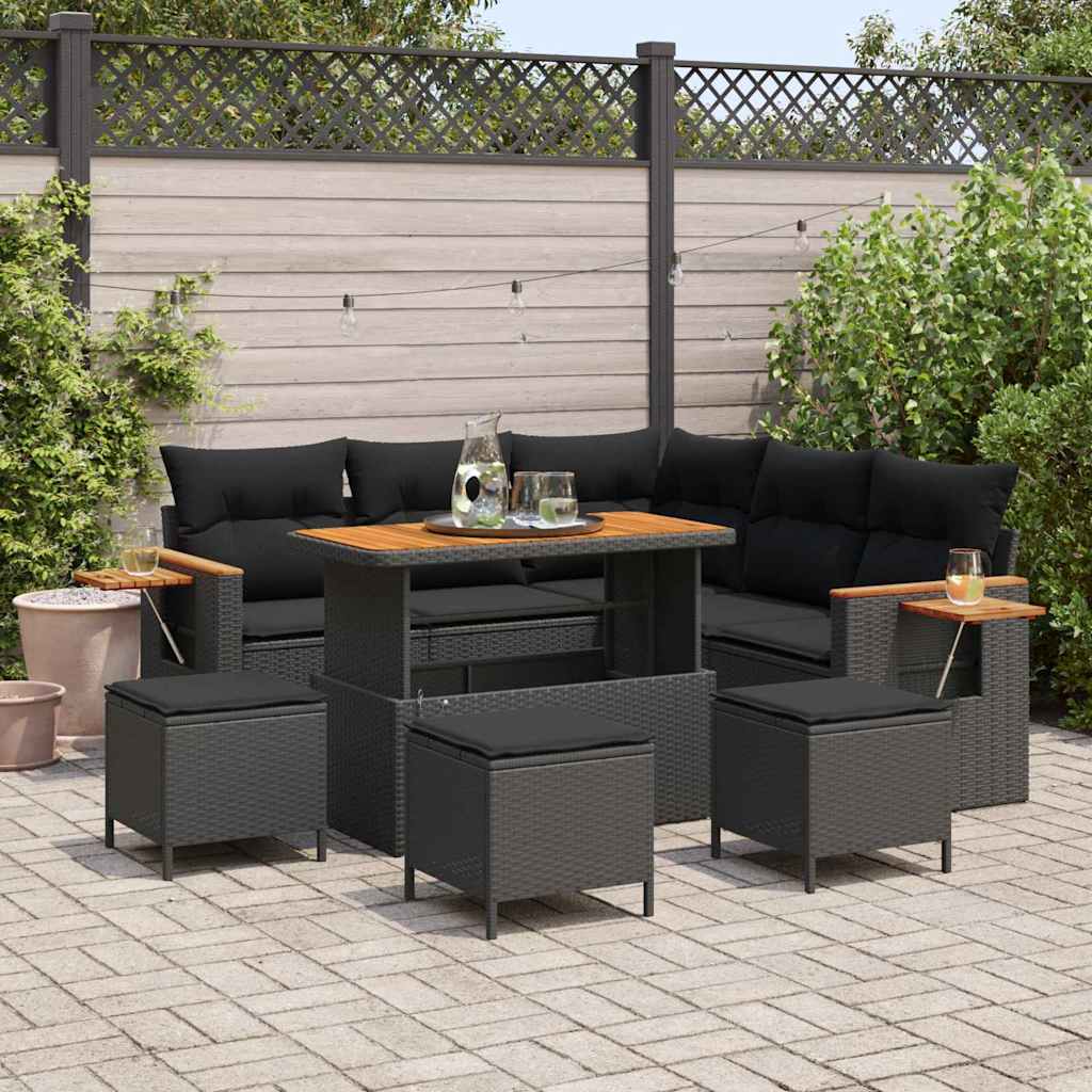 Garden Sofa Set 9 pcs Black Poly rattan and powder-coated steel