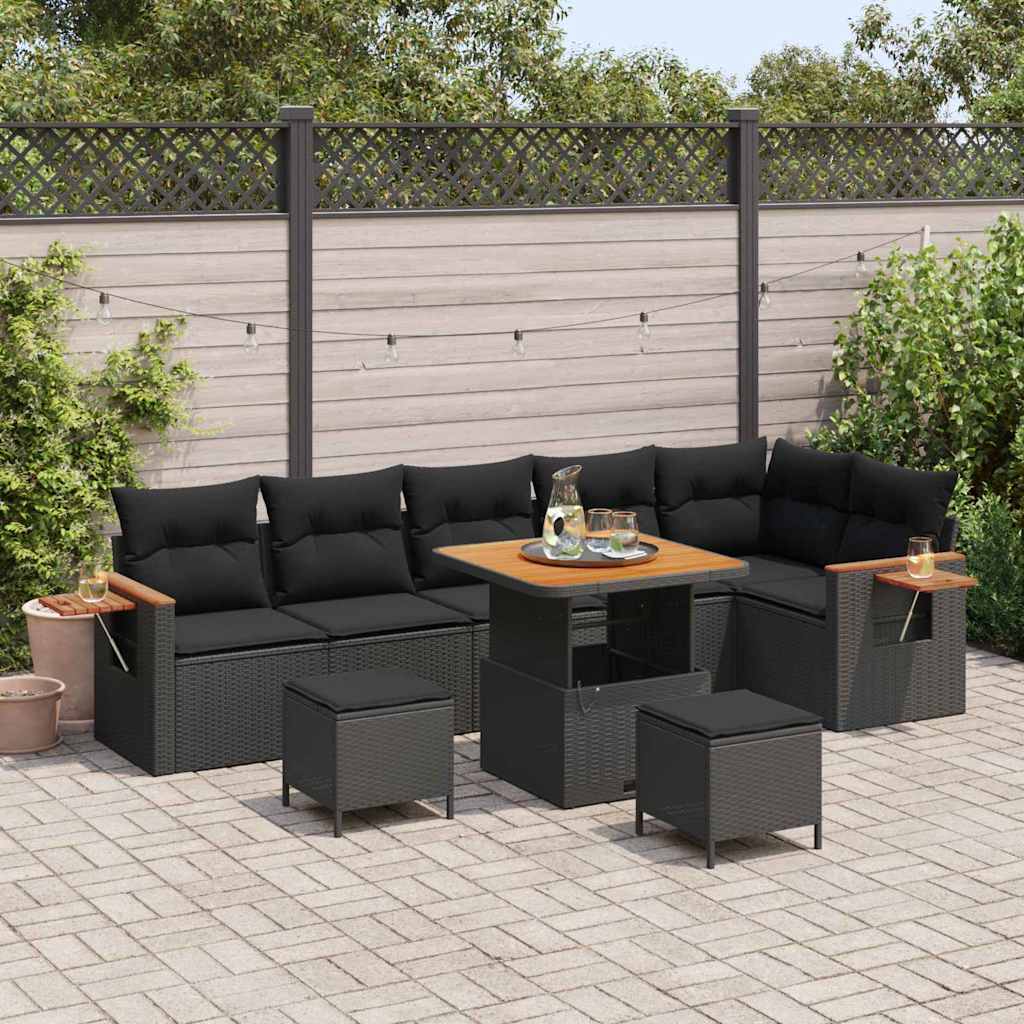 Garden Sofa Set 9 pcs Black Poly rattan and powder-coated steel