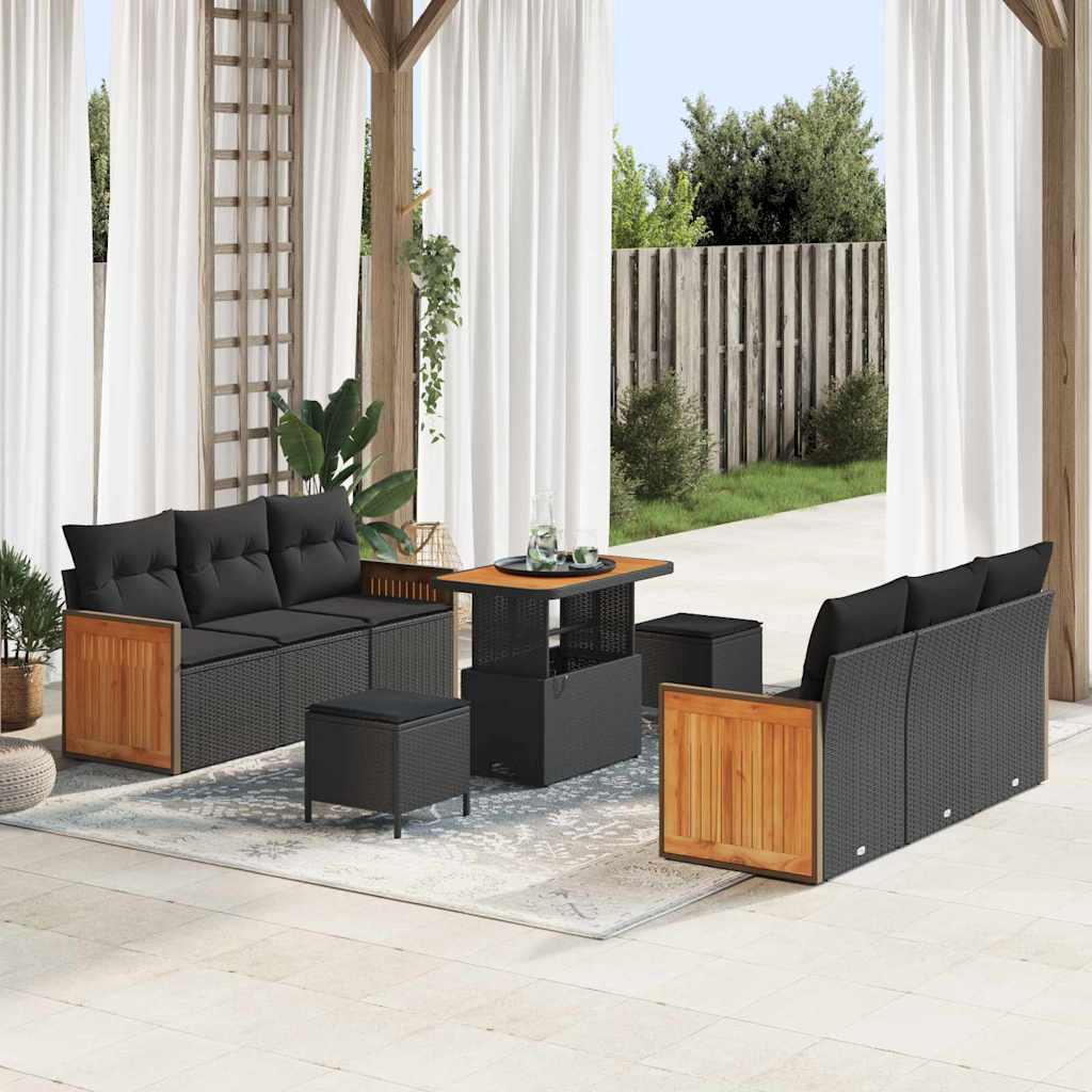 Garden Sofa Set 9 pcs Black Poly rattan and powder-coated steel