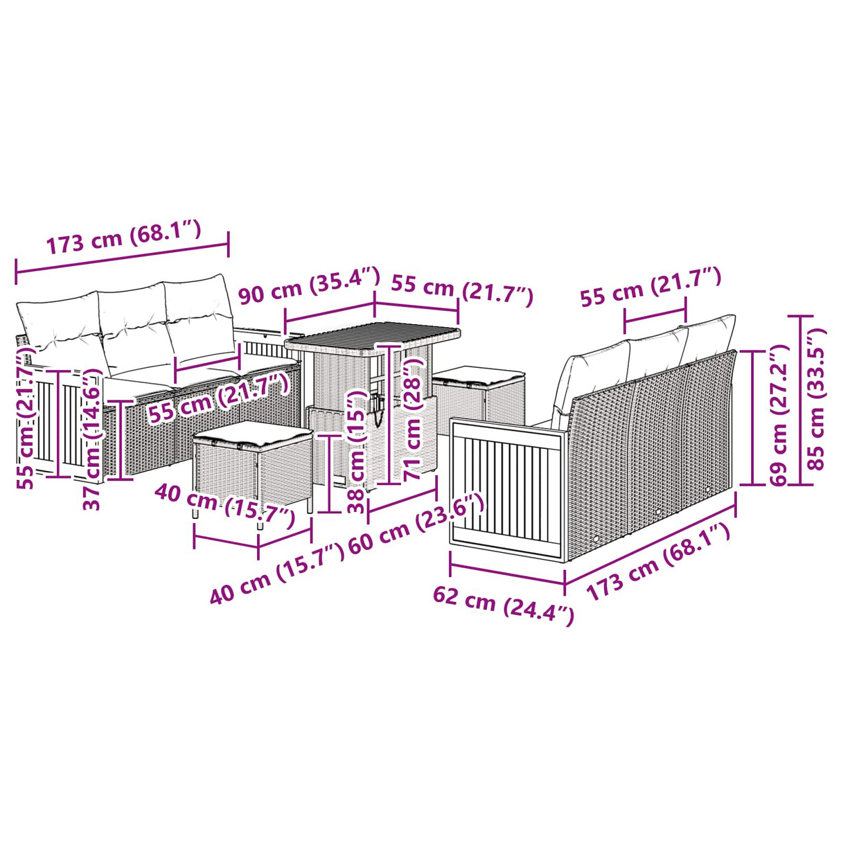 Garden Sofa Set 9 pcs Black Poly rattan and powder-coated steel