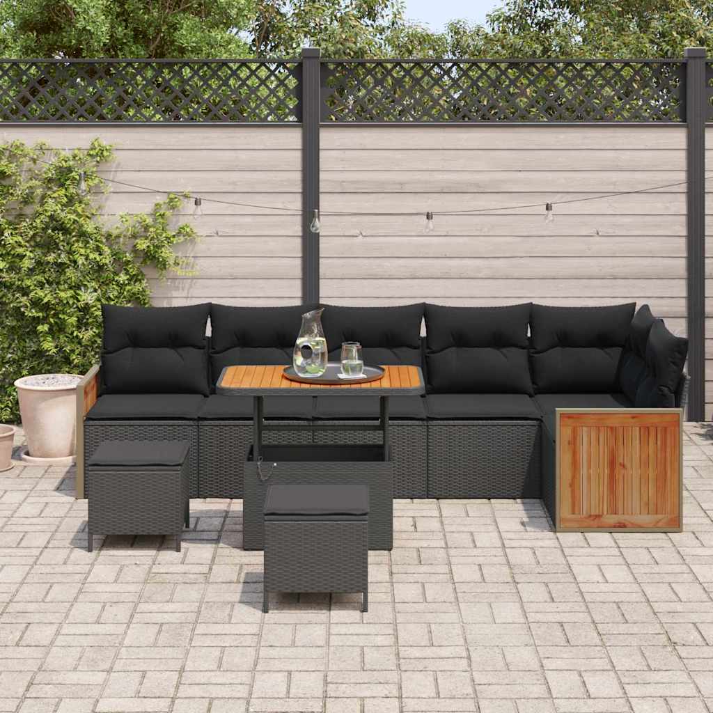 Garden Sofa Set 9 pcs Black Poly rattan and powder-coated steel