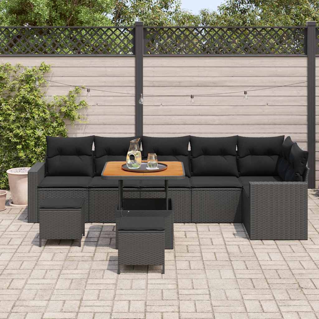 Garden Sofa Set 9 pcs Black Poly rattan and powder-coated steel