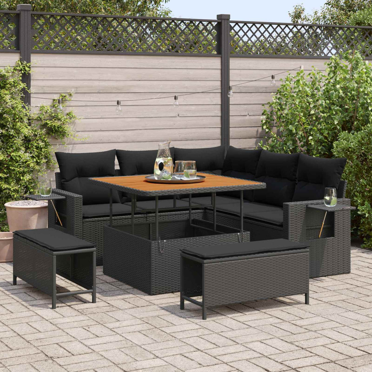 Garden Sofa Set with Cushion 9 pcs Black Poly Rattan