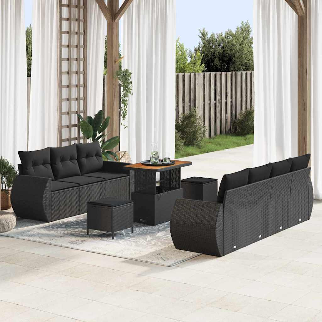 Garden Sofa Set with Cushion 10 pcs Black Poly Rattan