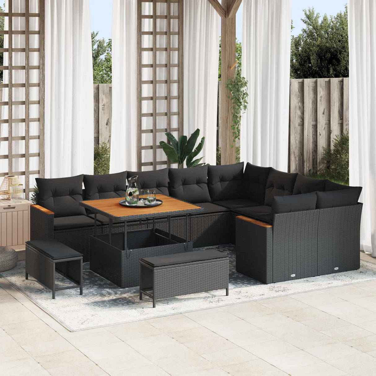 Garden Sofa Set with Cushion 12 pcs Black Poly Rattan