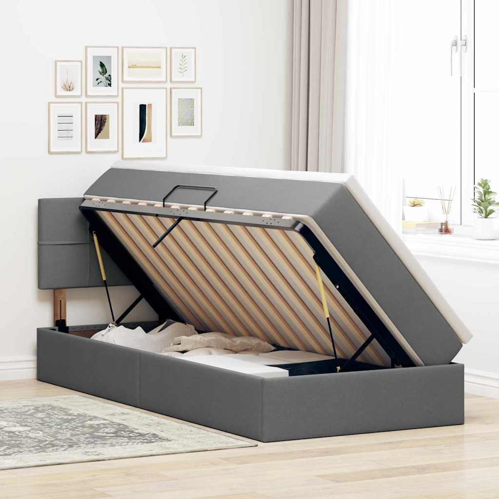LED Storage Bed with Mattress Dark Grey 107 x 203 cm Fabric