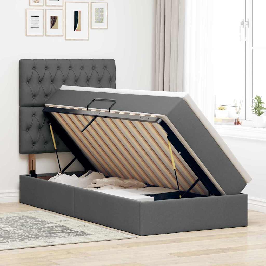 LED Storage Bed with Mattress Dark Grey 107 x 203 cm Fabric