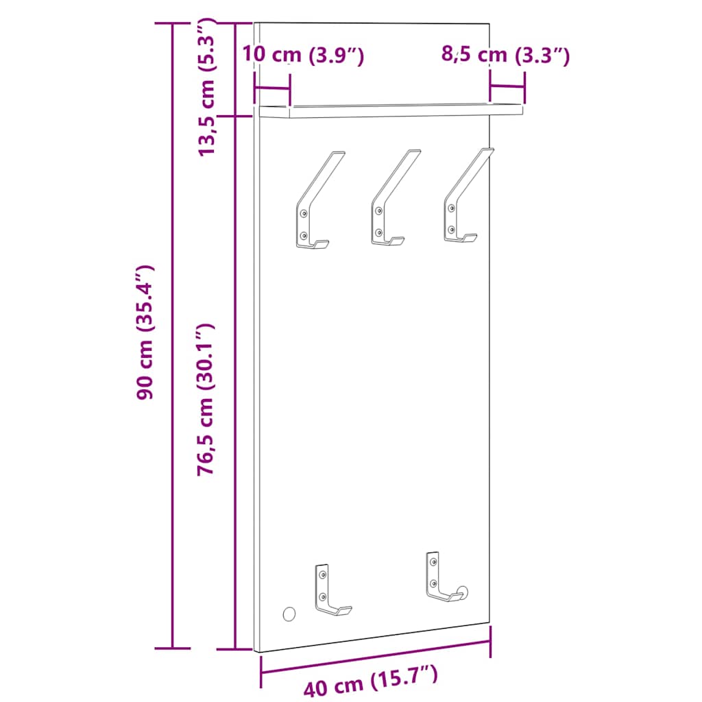 Wall-Mounted Coat Rack Wall-Mounted White 40 x 10 x 90 cm