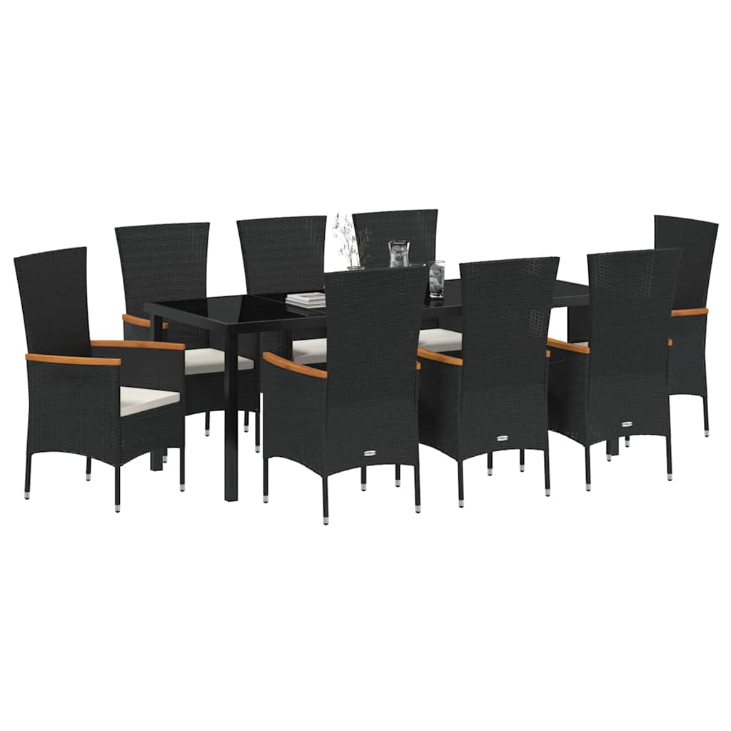 Garden Dining Set with Cushion 9 pcs Black Powder-Coated Steel