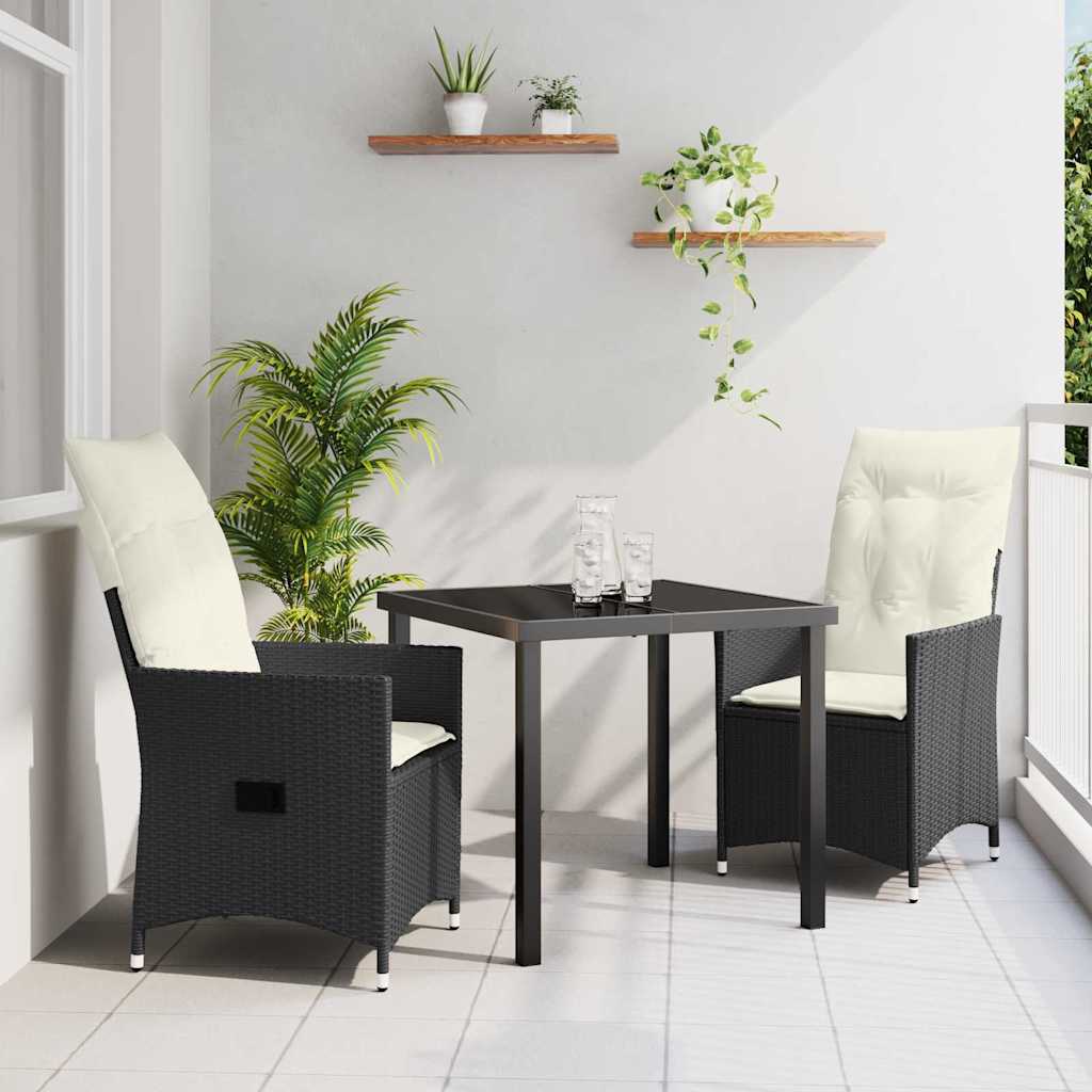 Garden Dining Set with Cushion 3 pcs Black Poly Rattan