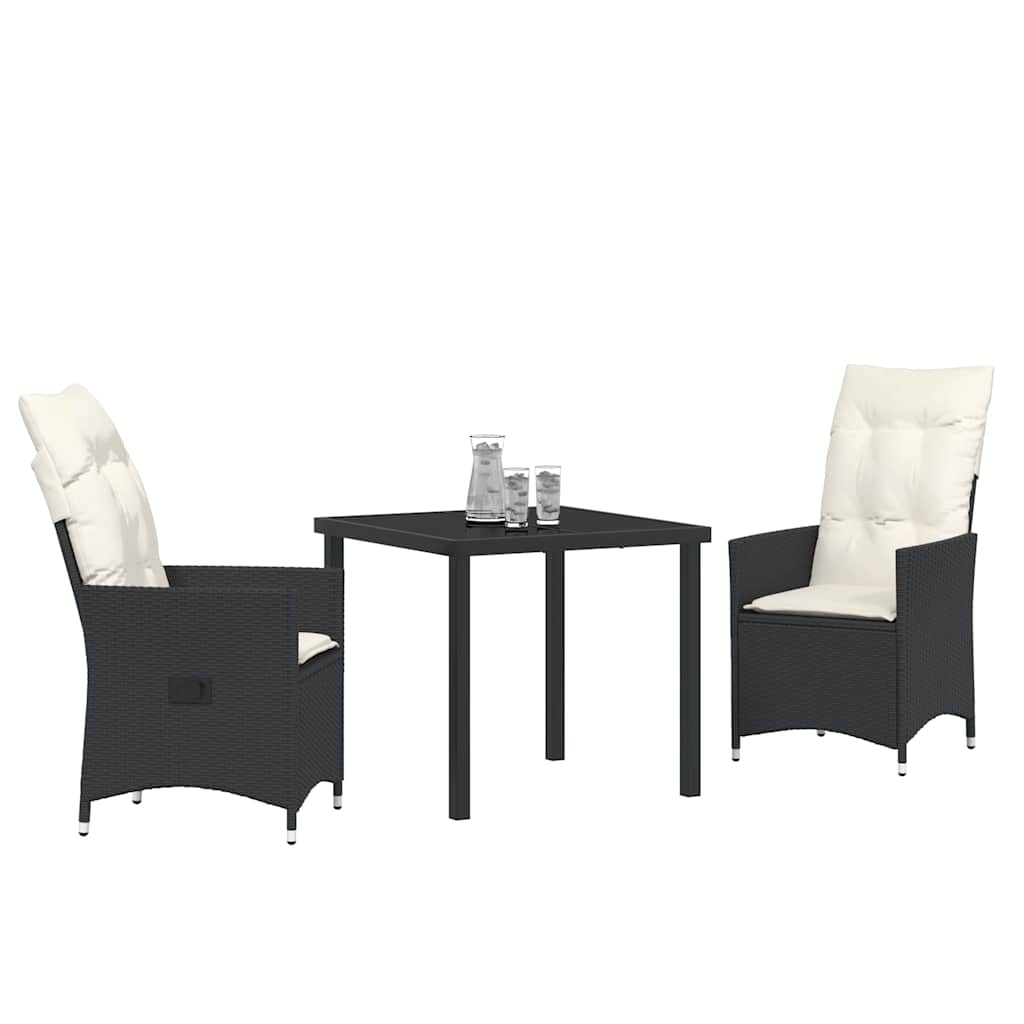 Garden Dining Set with Cushion 3 pcs Black Poly Rattan