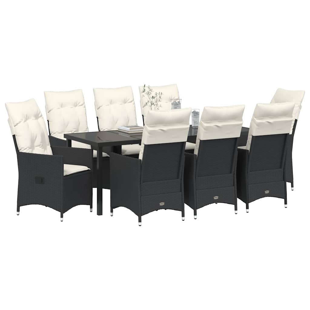 Garden Dining Set with Cushion 9 pcs Black Poly Rattan