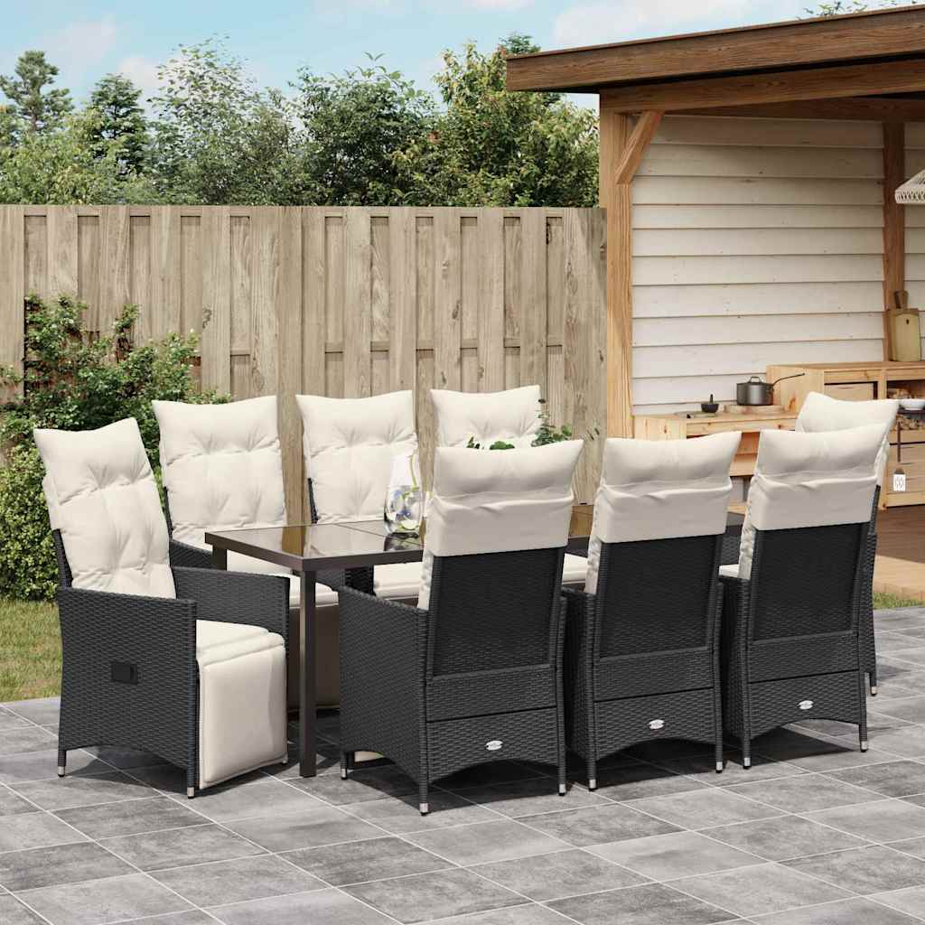 Garden Dining Set with Cushion 9 pcs Black Poly Rattan