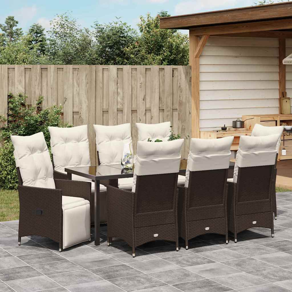 Garden Dining Set with Cushion 9 pcs Brown Poly Rattan