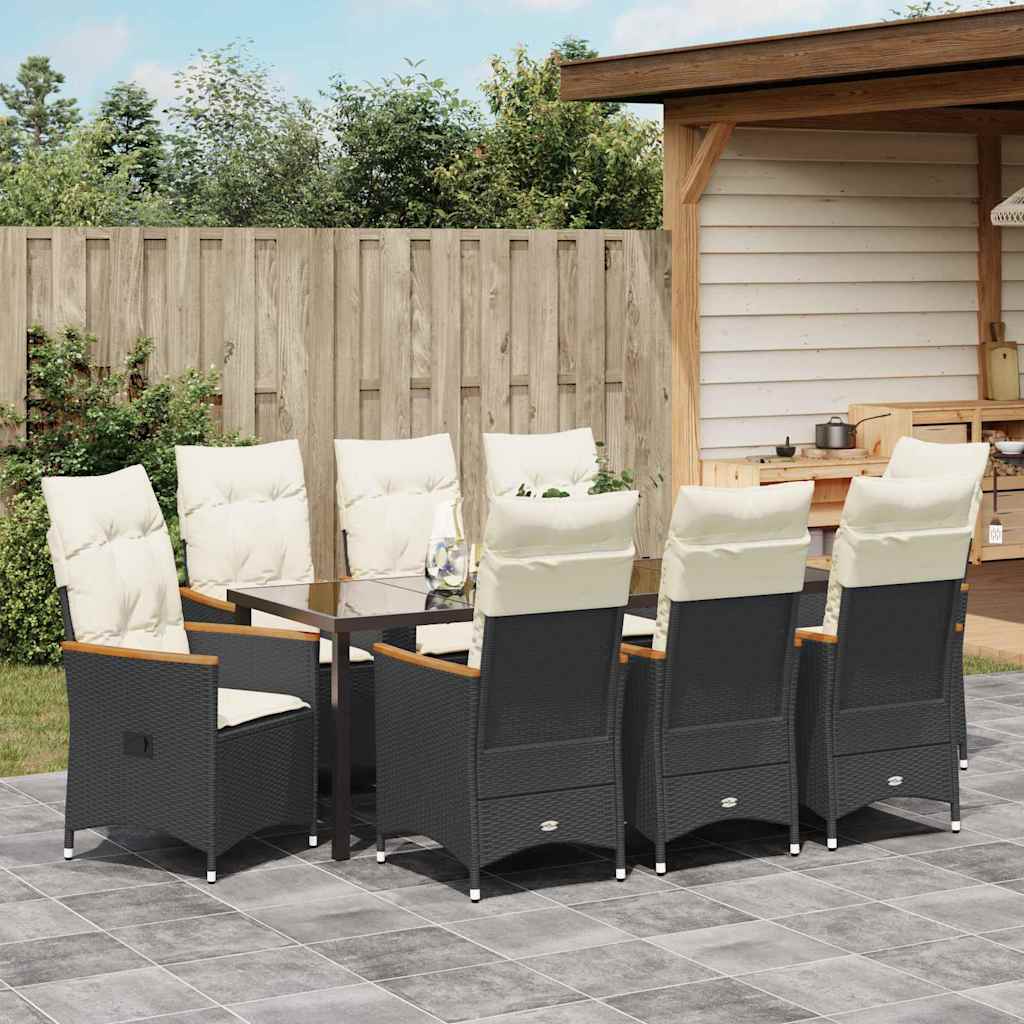 Garden Dining Set with Cushion 9 pcs Black Poly Rattan