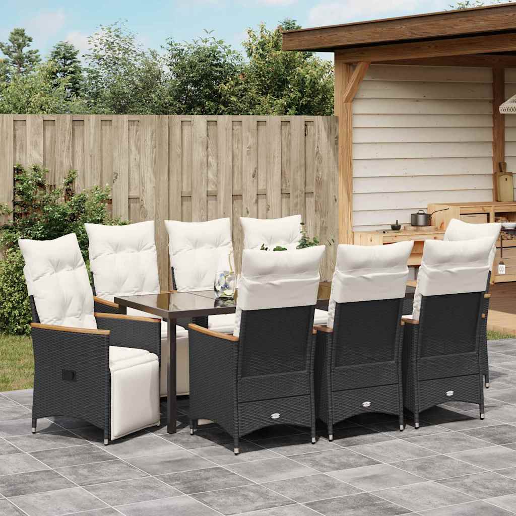 Garden Dining Set with Cushion 9 pcs Black Poly Rattan