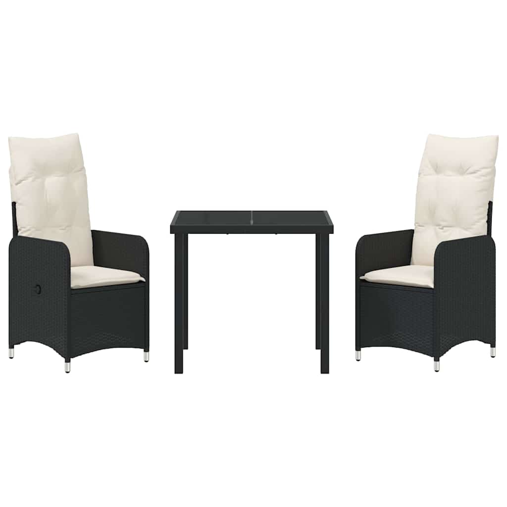 Garden Dining Set with Cushion 3 pcs Black Poly Rattan