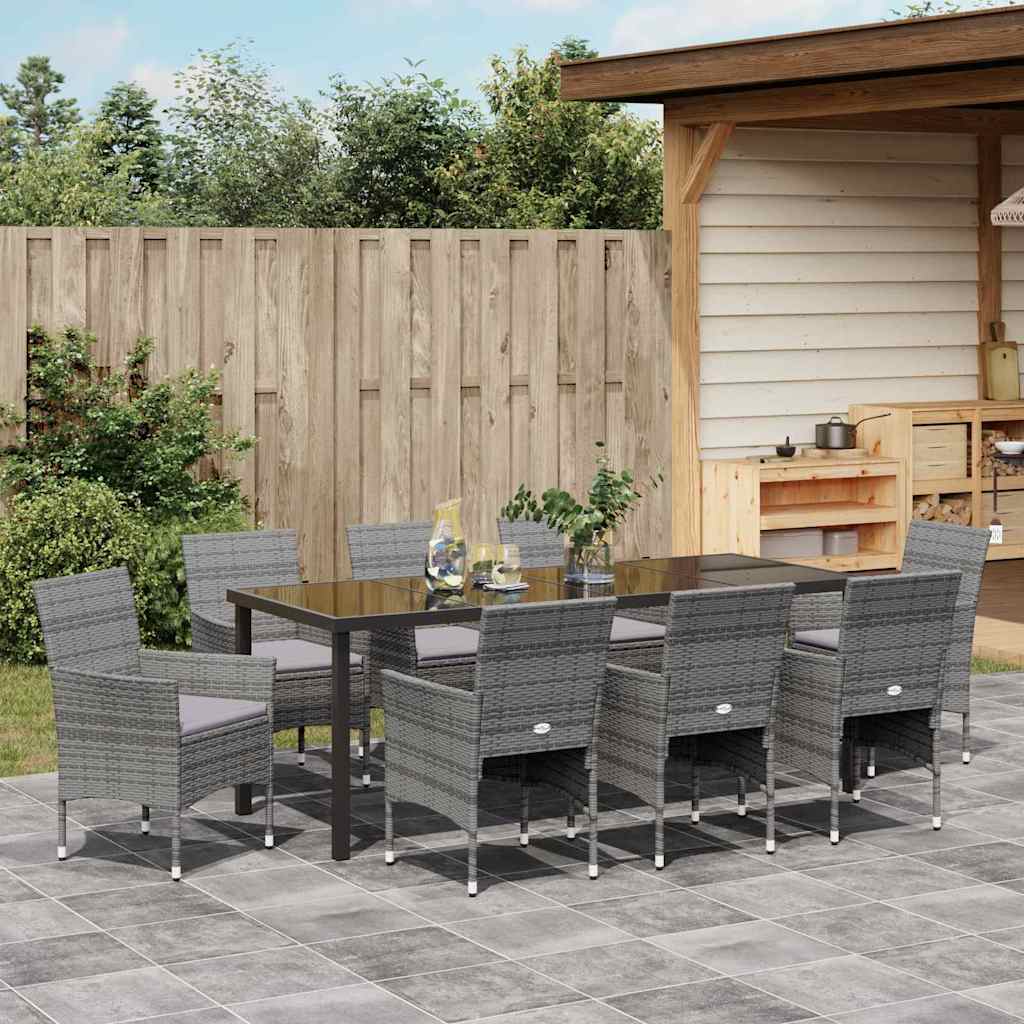 Garden Dining Set with Cushion 9 pcs Grey Poly Rattan