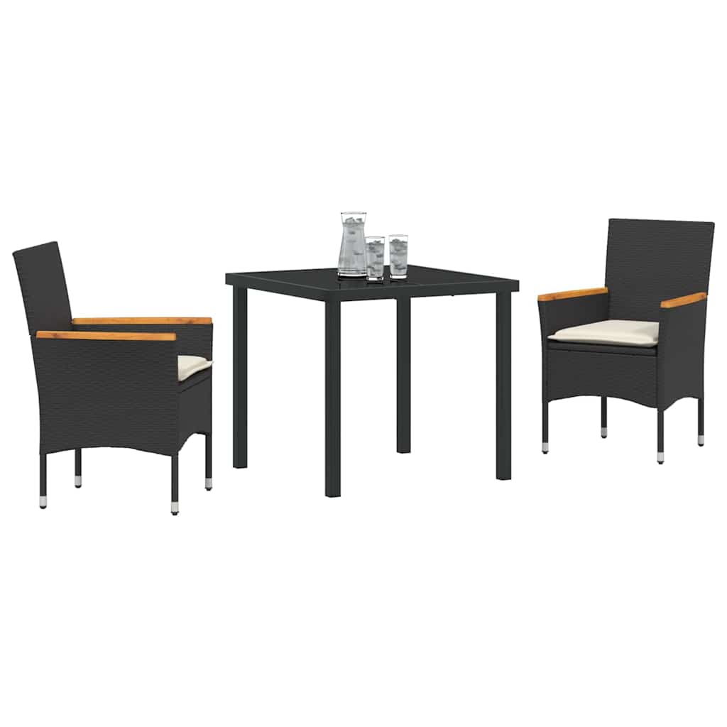 Garden Dining Set with Cushion 3 pcs Black Poly Rattan