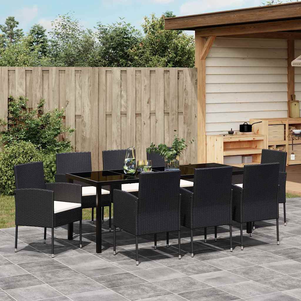 Garden Dining Set with Cushion 9 pcs Black Poly Rattan