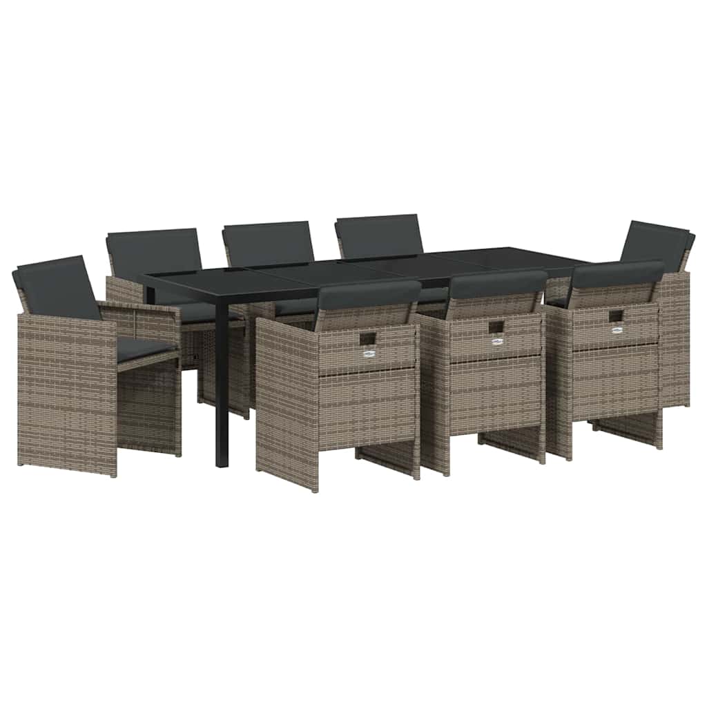 Garden Dining Set with Cushion 9 pcs Grey Poly Rattan