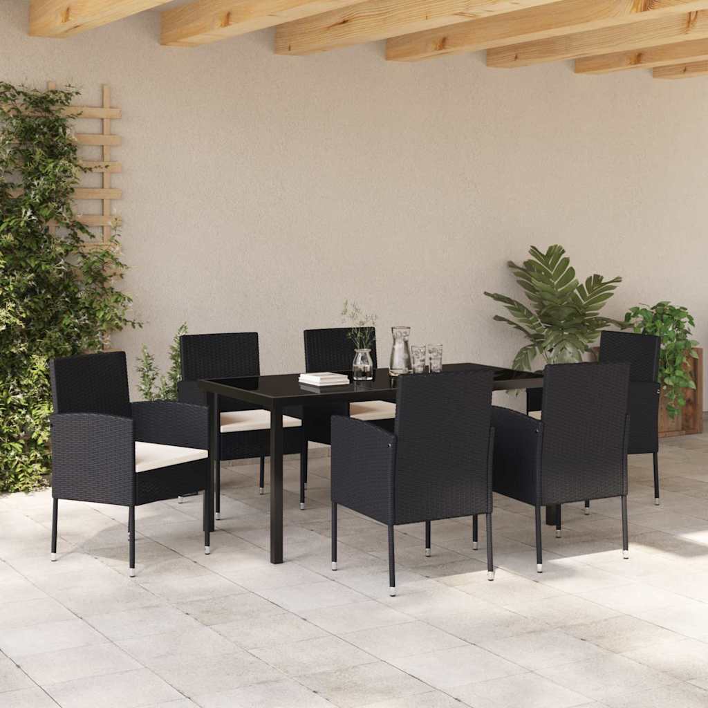 Garden Dining Set with Cushion 7 pcs Black Poly Rattan