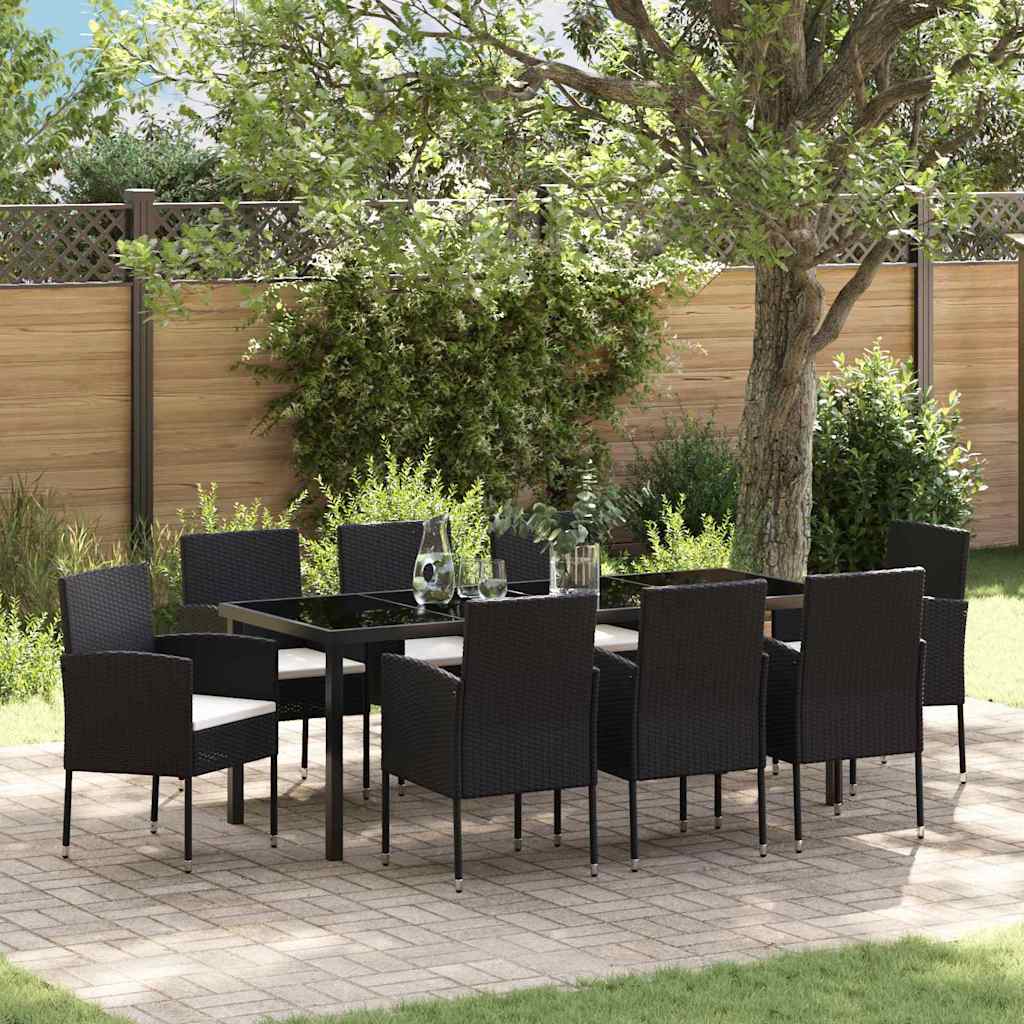 Garden Dining Set with Cushion 9 pcs Black Poly Rattan