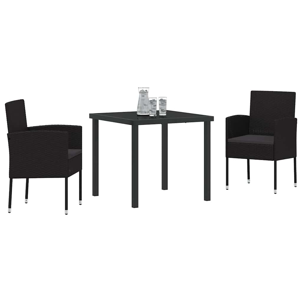 Garden Dining Set with Cushion 3 pcs Black Poly Rattan