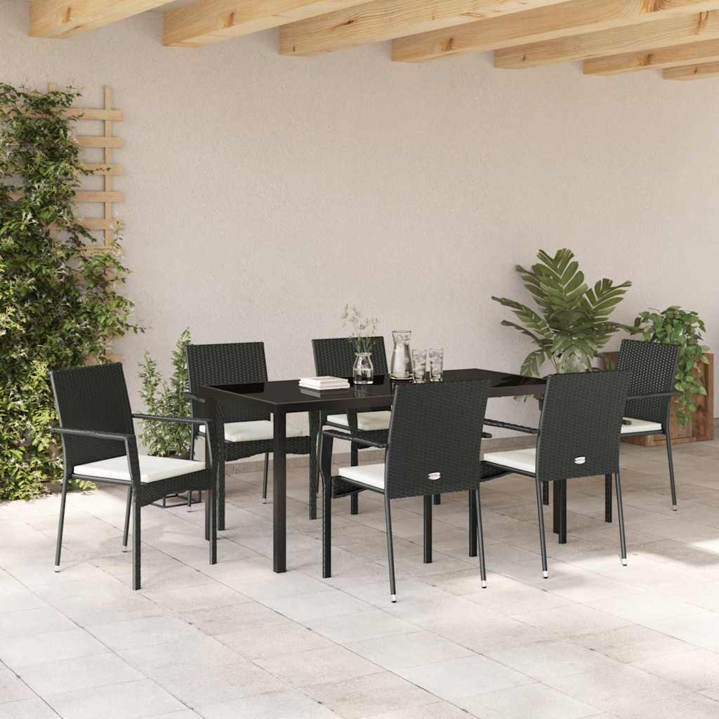Garden Dining Set with Cushion 7 pcs Black Poly Rattan