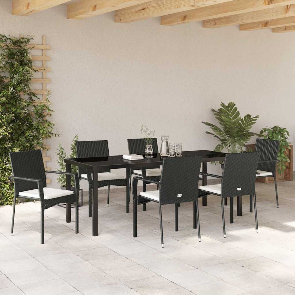 Garden Dining Set with Cushion 7 pcs Black Poly Rattan