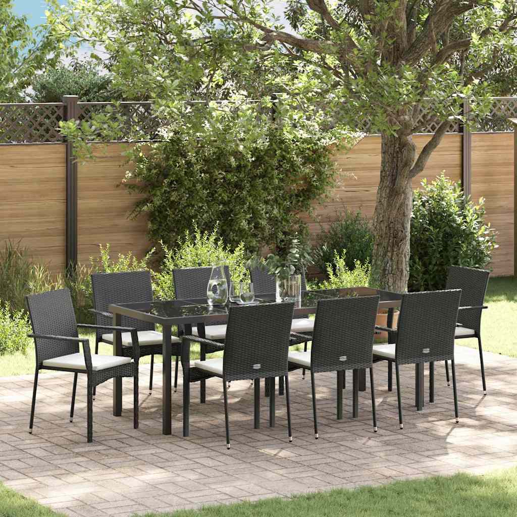 Garden Dining Set with Cushion 9 pcs Black Poly Rattan