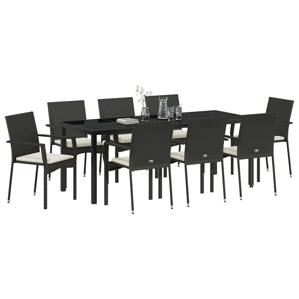 Garden Dining Set with Cushion 9 pcs Black Poly Rattan