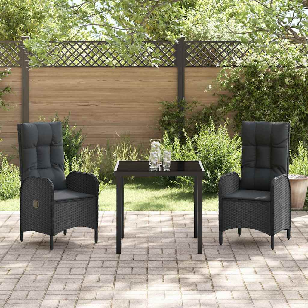 Garden Dining Set with Cushion 3 pcs Black Poly Rattan