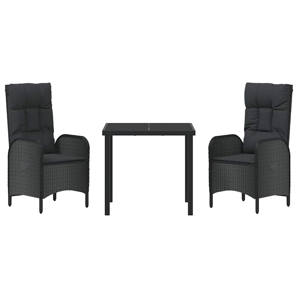 Garden Dining Set with Cushion 3 pcs Black Poly Rattan