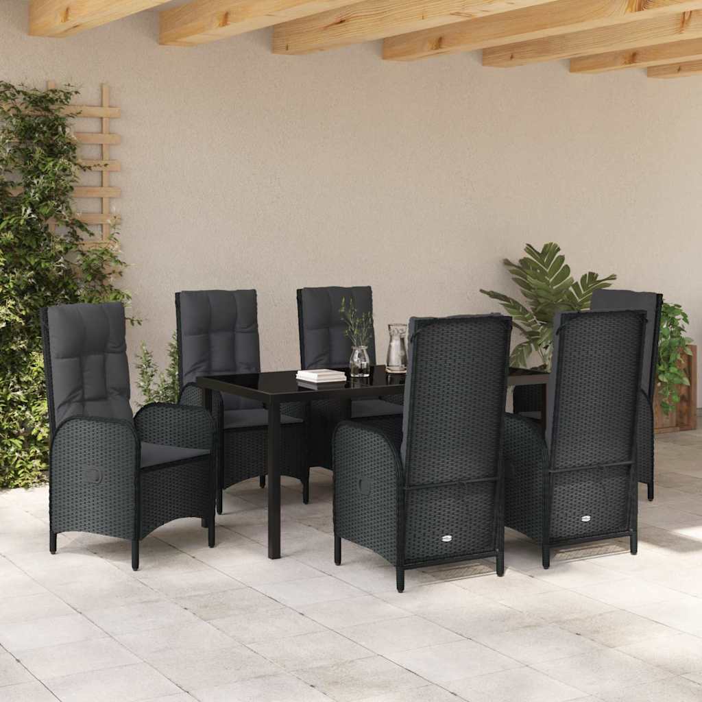 Garden Dining Set with Cushion 7 pcs Black Poly Rattan