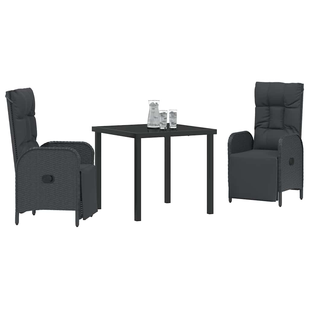 Garden Dining Set with Cushion 3 pcs Black Poly Rattan
