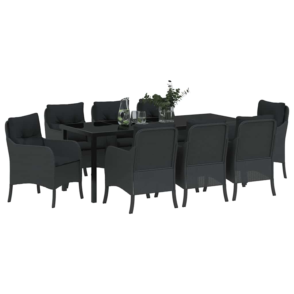 Garden Dining Set with Cushion 9 pcs Black Poly Rattan