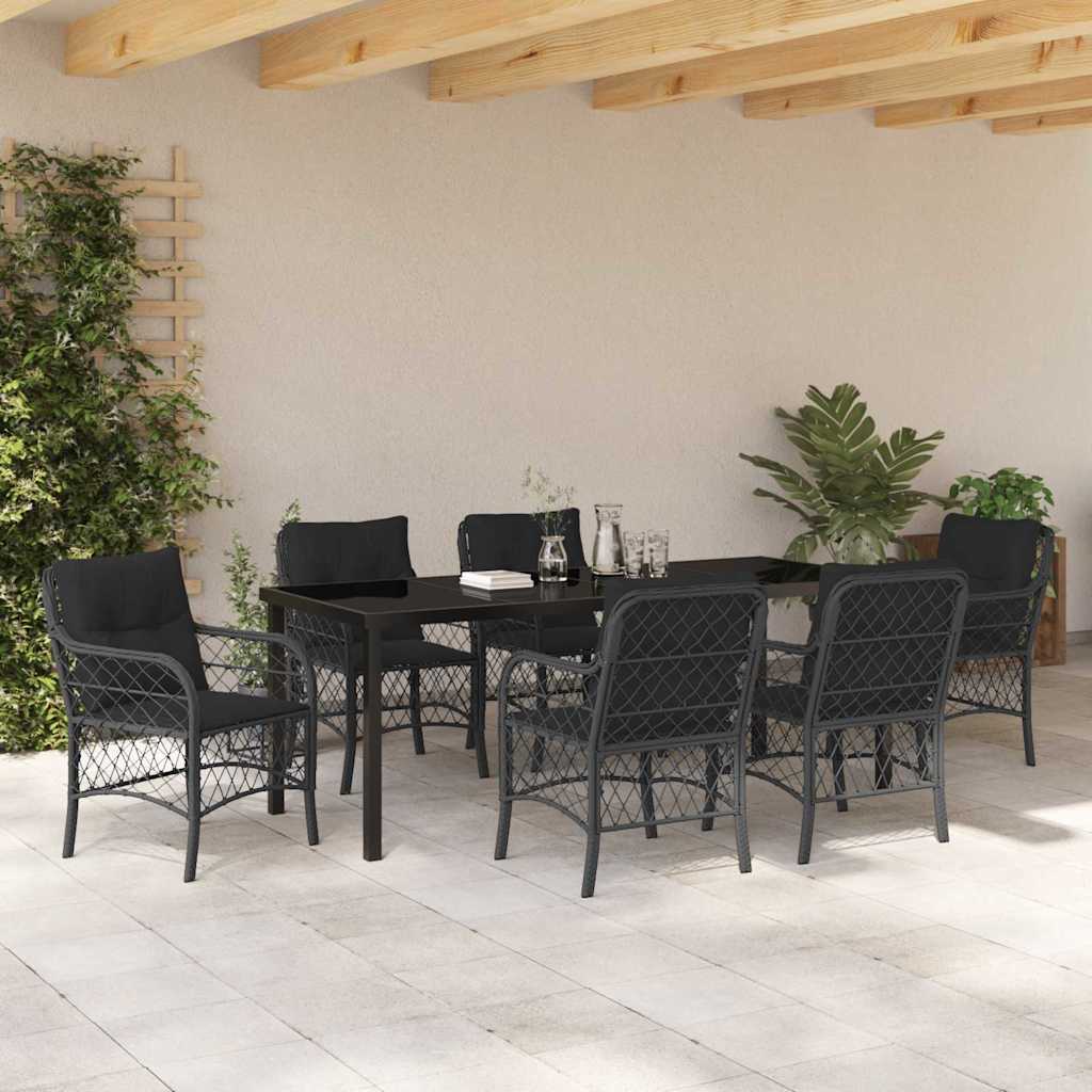 Garden Dining Set with Cushion 7 pcs Black Poly Rattan