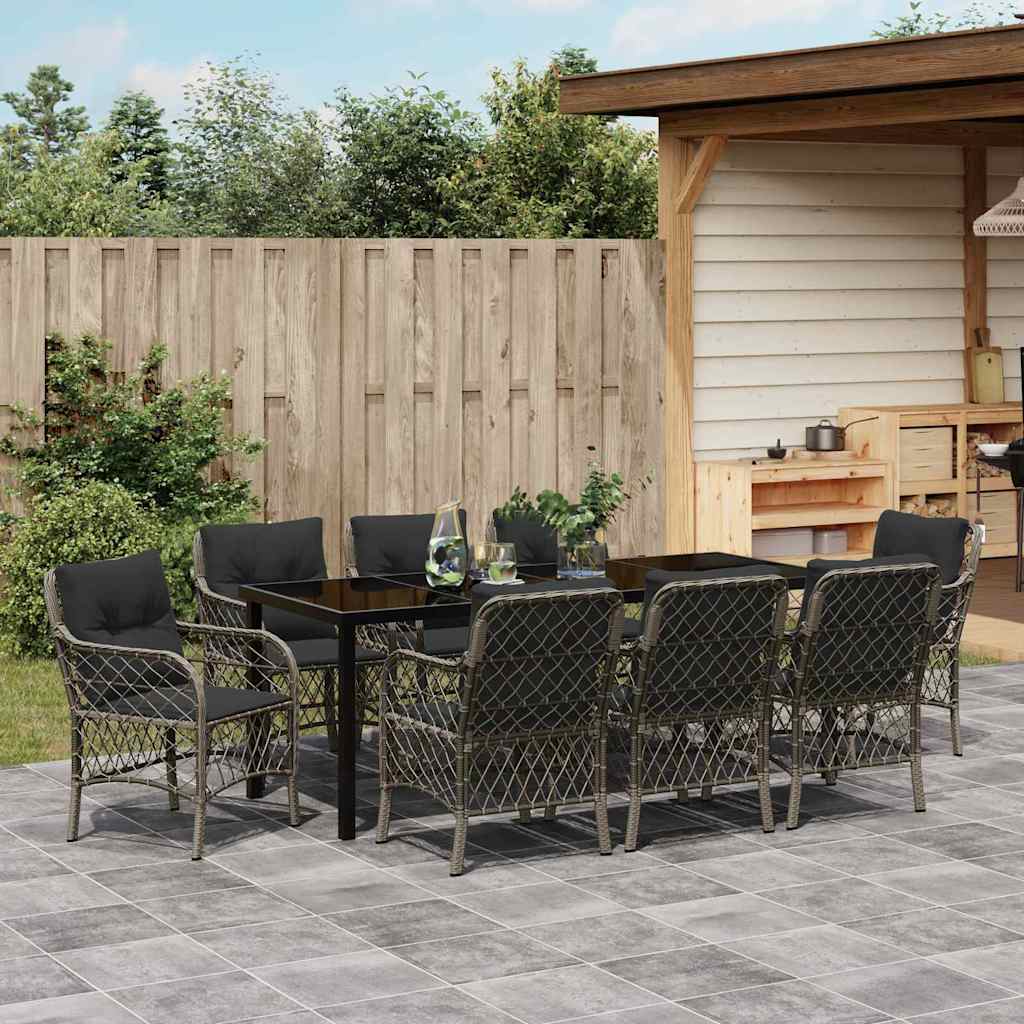 Garden Dining Set with Cushion 9 pcs Grey Poly Rattan