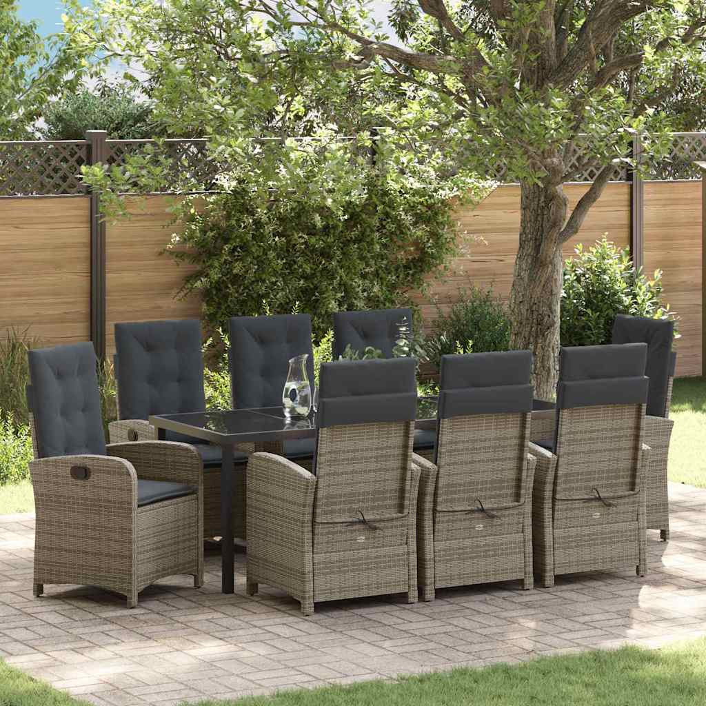 Garden Dining Set with Cushion 9 pcs Grey Poly Rattan