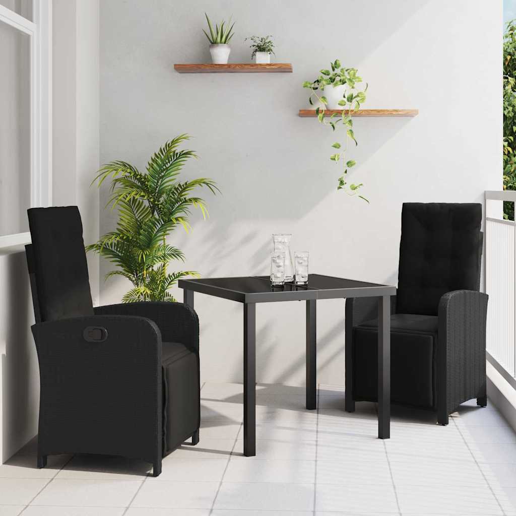 Garden Dining Set with Cushion 3 pcs Black Poly Rattan