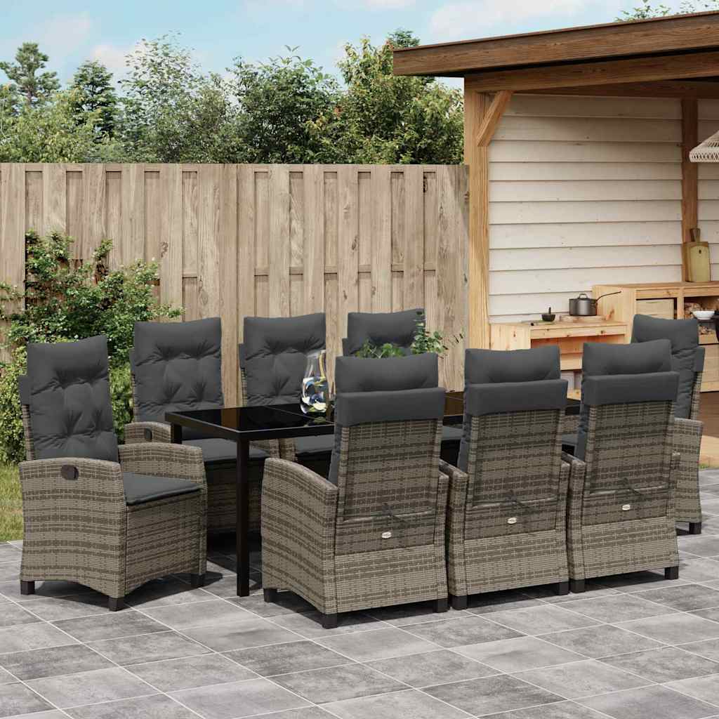 Garden Dining Set with Cushion 9 pcs Grey Poly Rattan