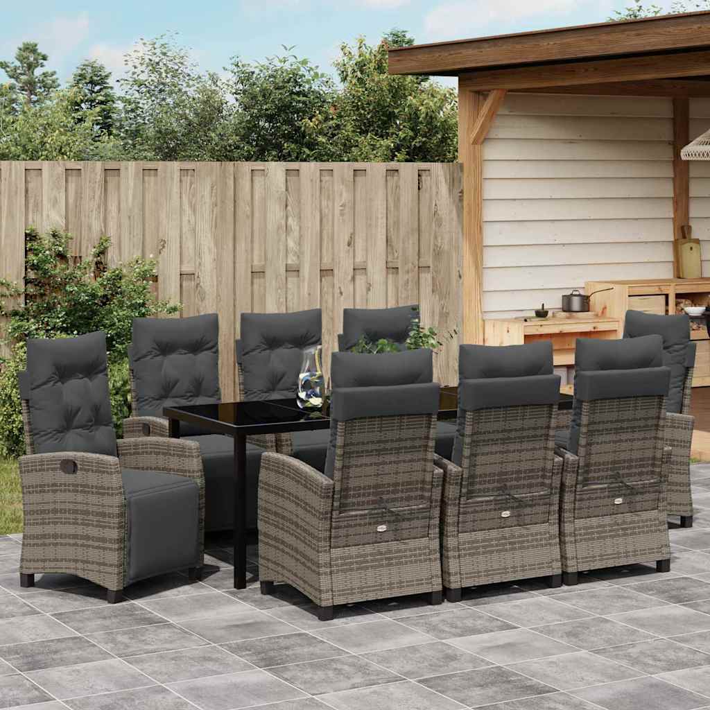 Garden Dining Set with Cushion 9 pcs Grey Poly Rattan