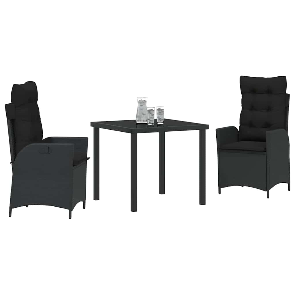 Garden Dining Set with Cushion 3 pcs Black Poly Rattan