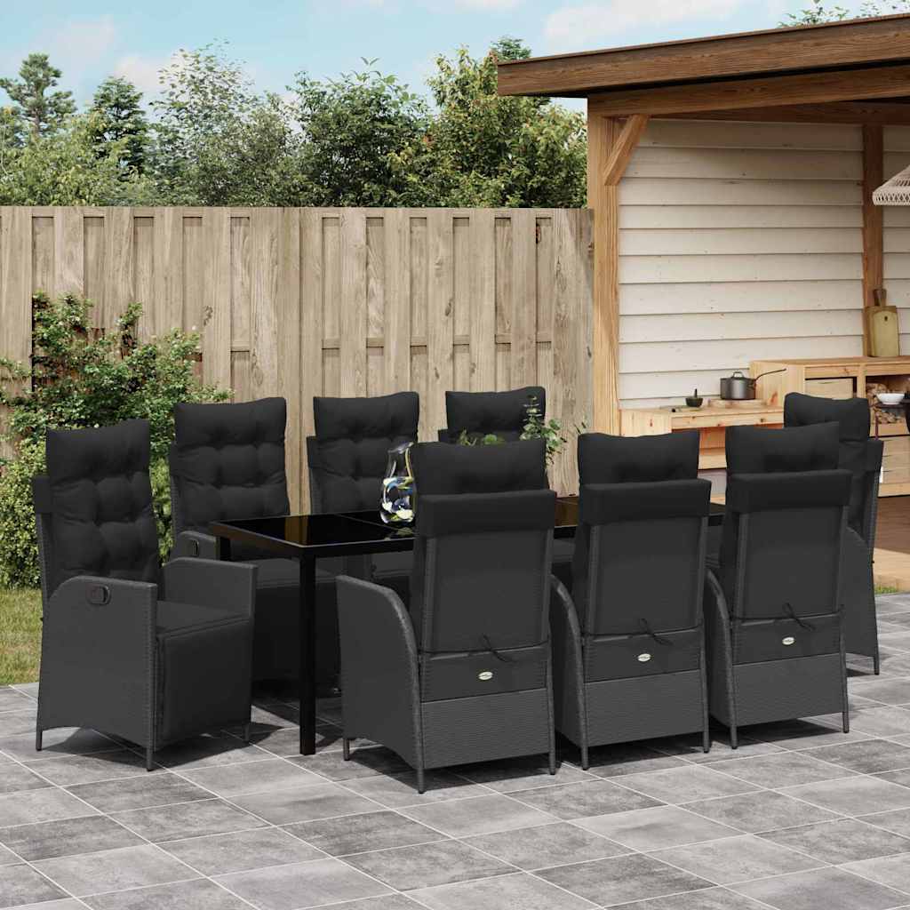 Garden Dining Set with Cushion 9 pcs Black Poly Rattan